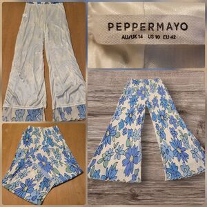 Peppermayo Muse Pants Blue Blossom Floral Pleated Wide Leg Size US10 Womens